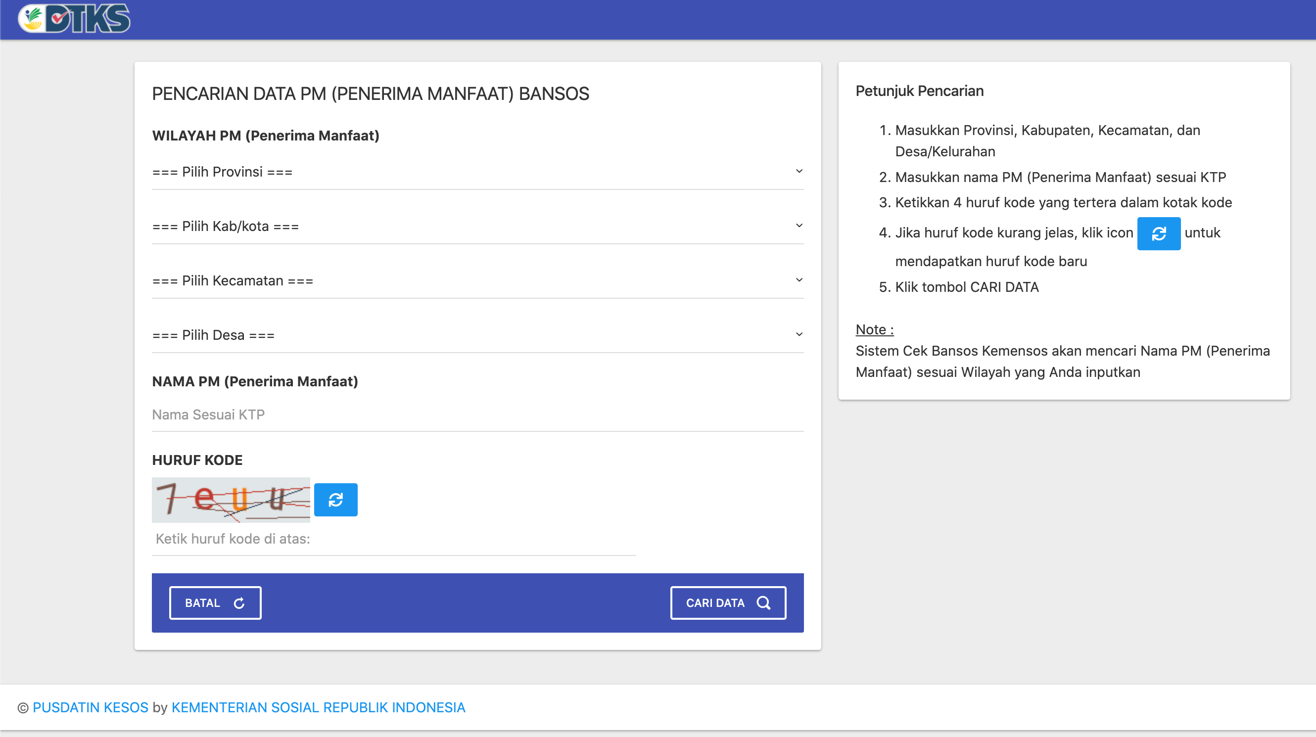 Tangkapan layar dari website resmi Cek Penerima Bansos PKH Kemensos. (Sumber: cekbansos.kemensos.go.id)