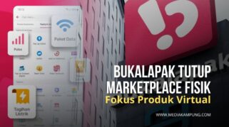 Ilustrasi aplikasi Bukalapak dengan produk virtual.