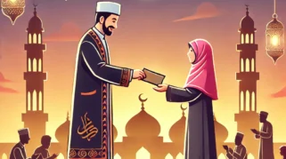 Seorang pria Muslim memberikan zakat kepada penerima di halaman masjid saat senja, dengan latar belakang lentera dan dekorasi bulan sabit yang menciptakan suasana Ramadan yang hangat dan penuh berkah.