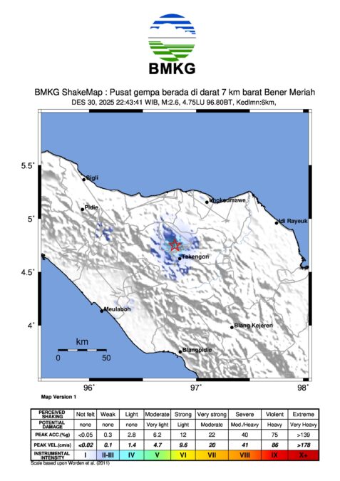 Peta episentrum gempa BMKG di Bener Meriah Aceh