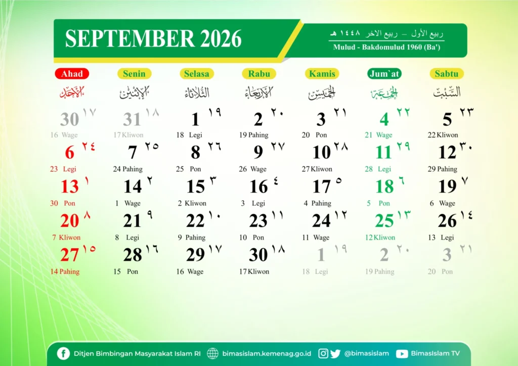 Kalender Jawa Bulan September 2026 (Foto: dok. Aceh Kemenag)