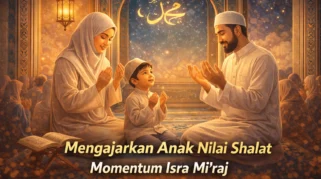 Ilustrasi keluarga Muslim berdoa dan mengajarkan nilai shalat kepada anak pada peringatan Isra Mi’raj