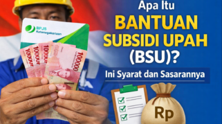 Ilustrasi pekerja Indonesia memegang uang rupiah dan kartu BPJS Ketenagakerjaan sebagai simbol Bantuan Subsidi Upah (BSU)